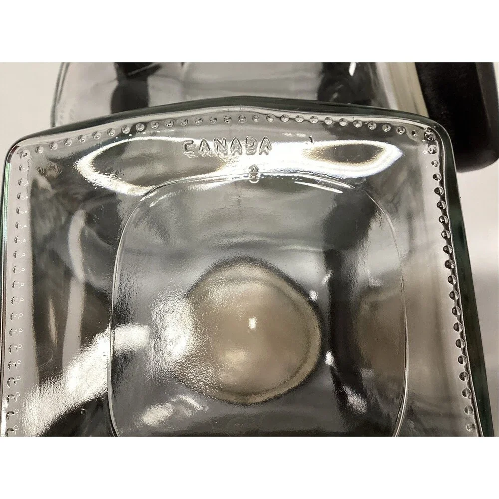vintage glass storage slanted jars w/black lids set of 3 w/rack 8-3/4”H